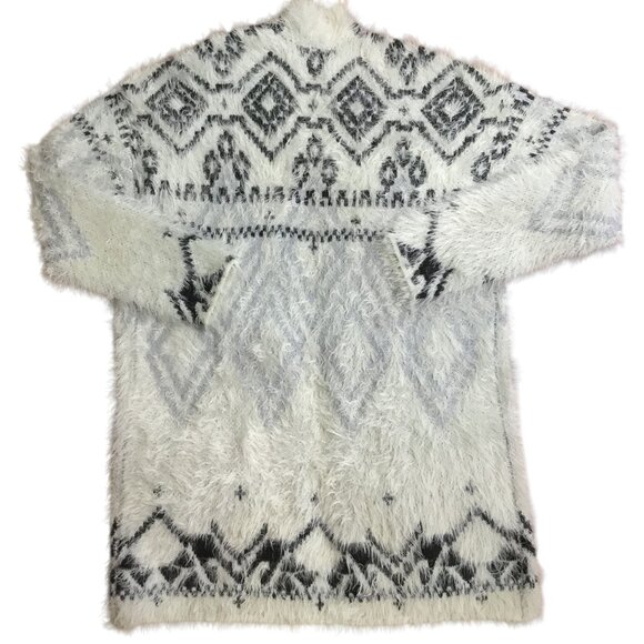 KNOX ROSE Fuzzy Aztec Cardigan Sweater S Gray White Soft Boho Nordic Cozy Knit - Picture 3 of 8